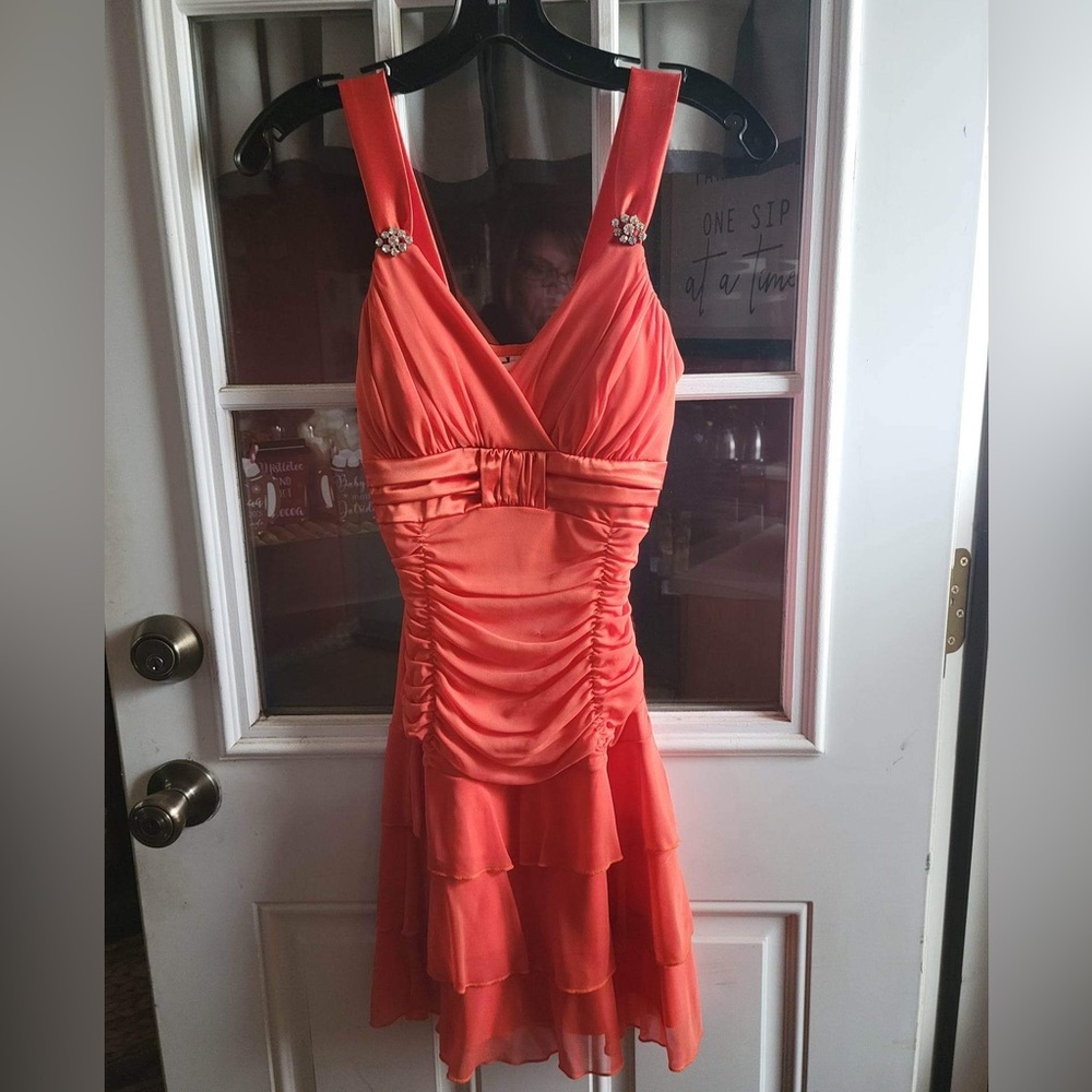 Orange dress with diamond accents on shoulders! comfy and flowy